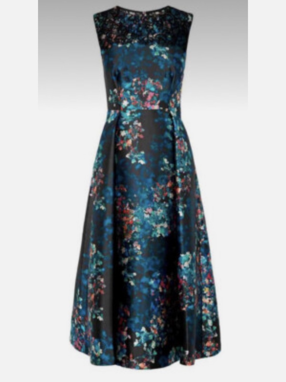 LK Bennett Black Floral Midi Dress with Blue and Teal Accents Wedding Guest 12